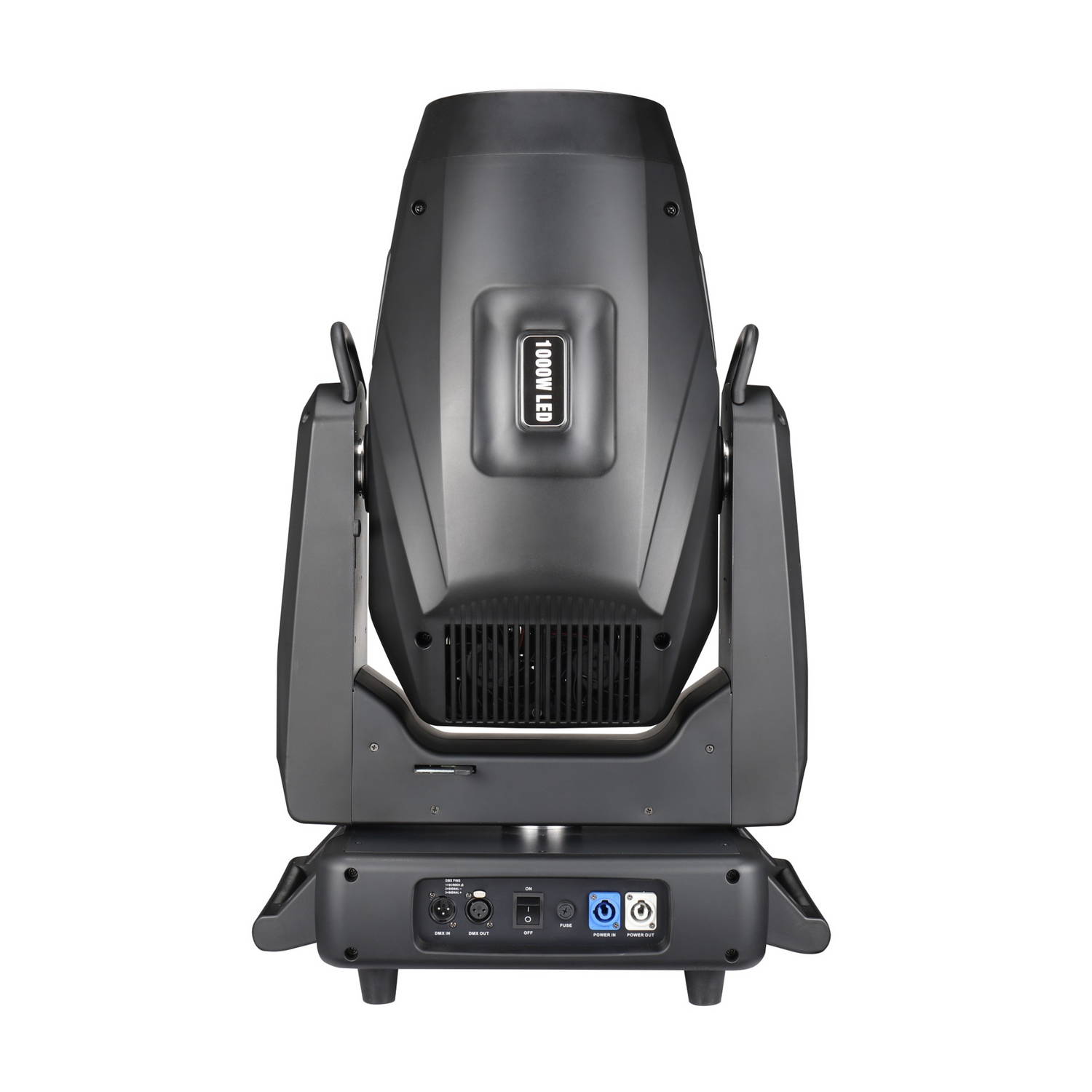 The rear view shows DMX input and output ports and includes a power input socket with a locking mechanism. The housing is sturdy with handles for easy transport and mounting points for rigging.