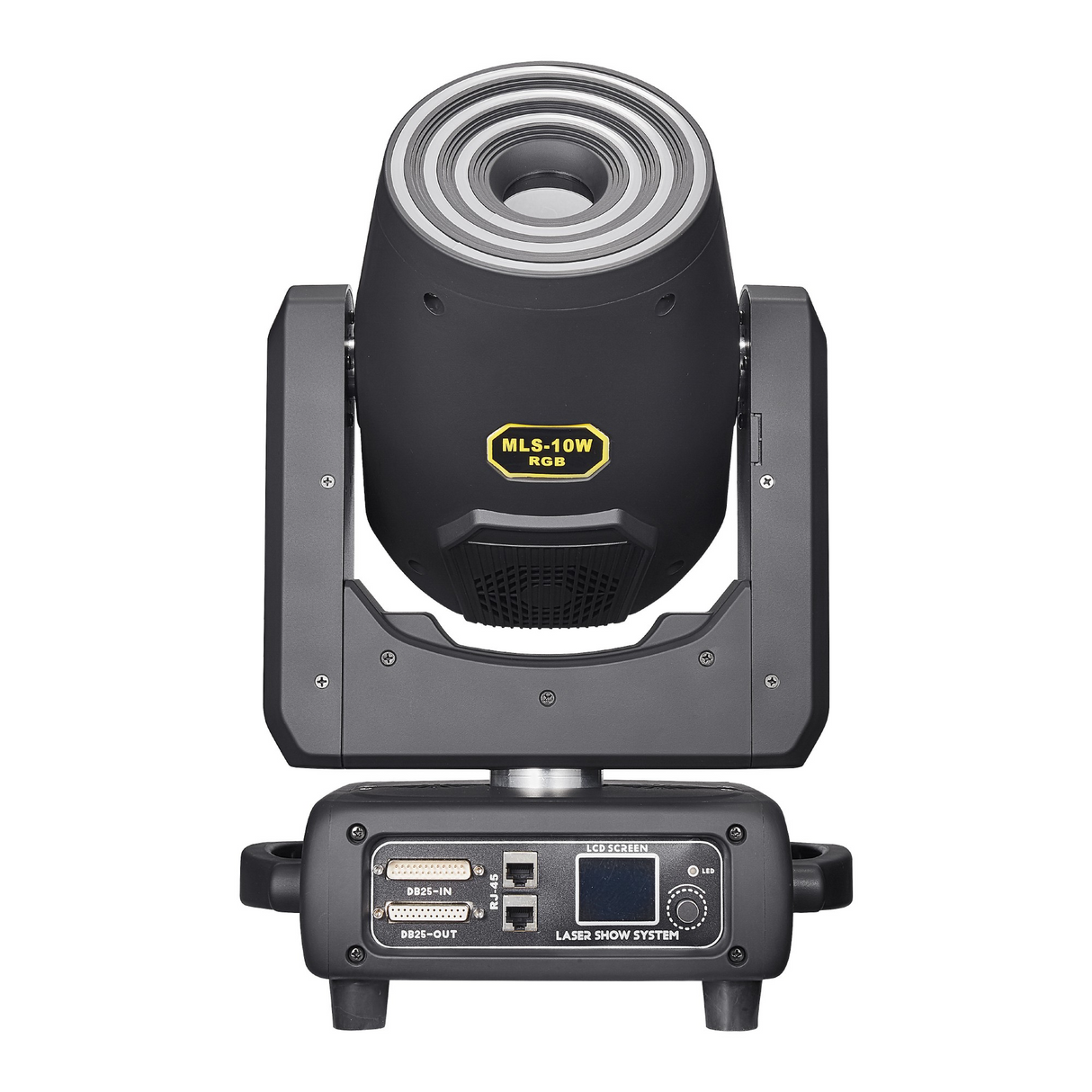 The front view has a user interface LED screen with control buttons for menu navigation, along with ILDA and RJ45 ports.