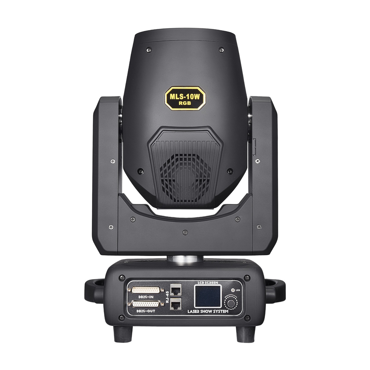 The front view has a user interface LED screen with control buttons for menu navigation, along with ILDA and RJ45 ports.