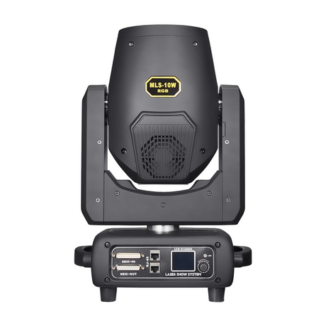 The front view has a user interface LED screen with control buttons for menu navigation, along with ILDA and RJ45 ports.