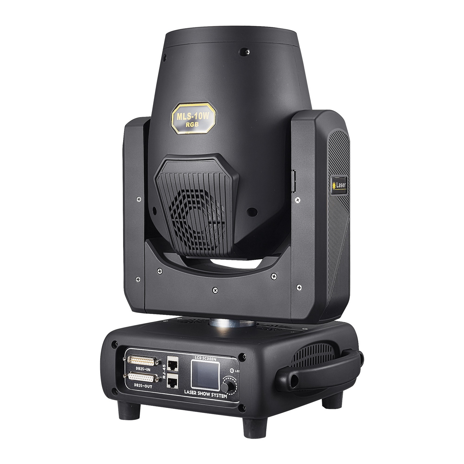 The front view has a user interface LED screen with control buttons for menu navigation, along with ILDA and RJ45 ports.