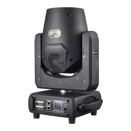 The front view has a user interface LED screen with control buttons for menu navigation, along with ILDA and RJ45 ports.