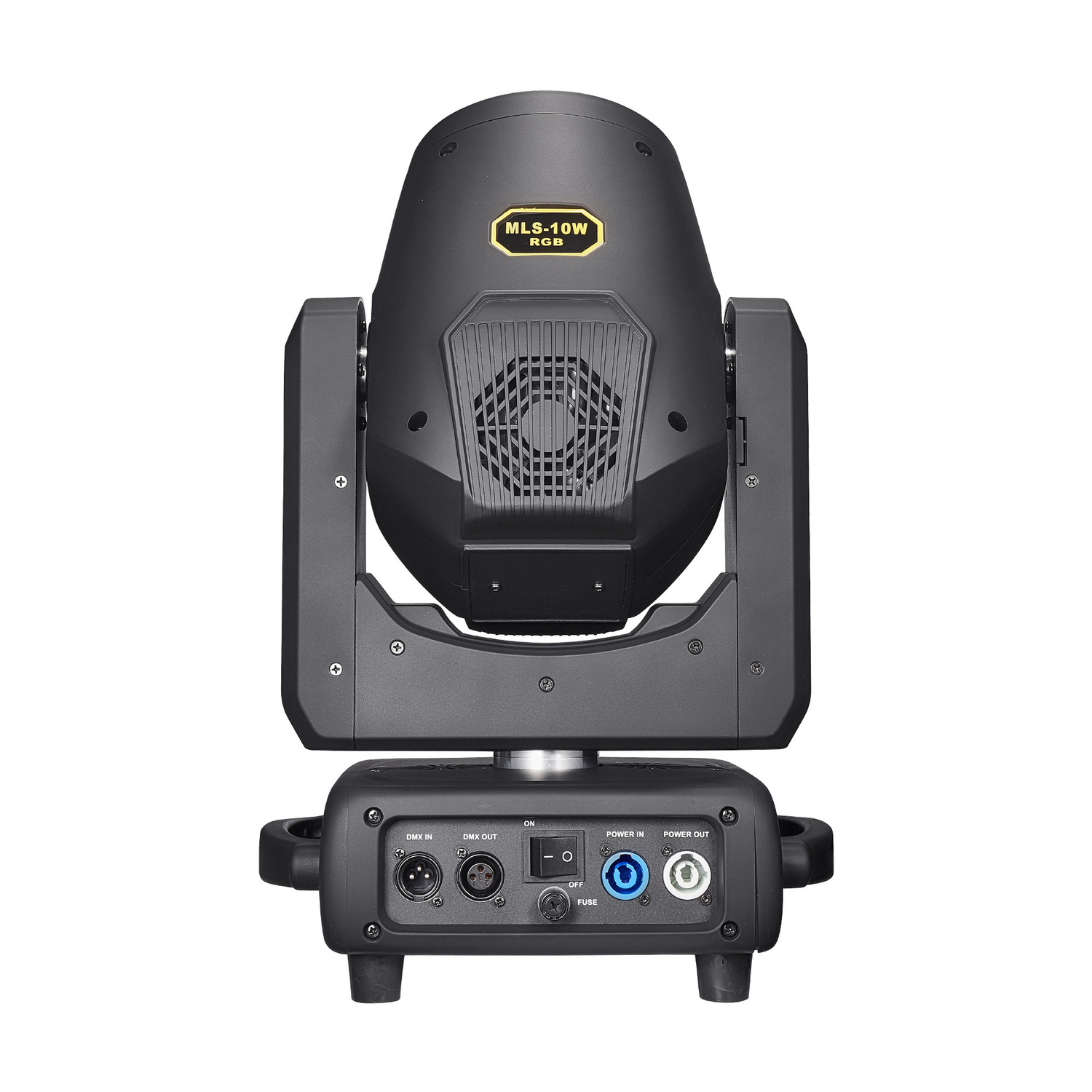 The rear view features connection ports such as power input/output, DMX in/out ports for control, on/off switch, and cooling fans or vents for heat dissipation.