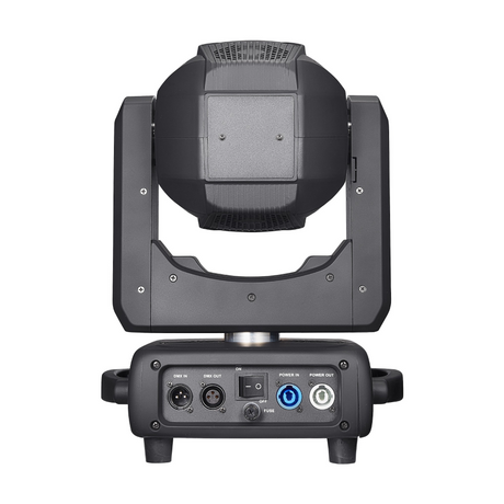 The rear view features connection ports such as power input/output, DMX in/out ports for control, on/off switch, and cooling fans or vents for heat dissipation.