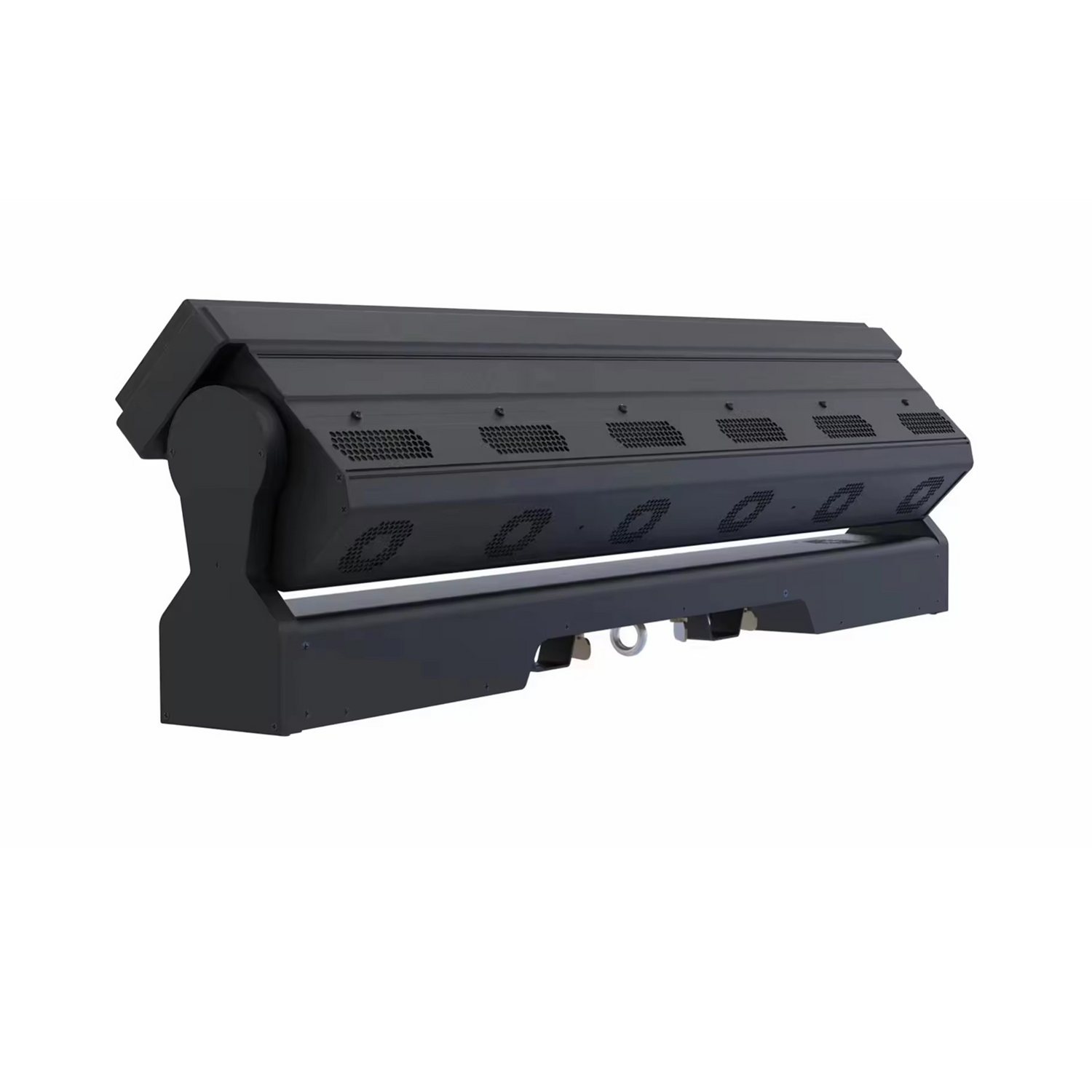 Underside features connection ports such as power input/output, DMX in/out ports for control, on/off switch, and cooling fans or vents for heat dissipation.