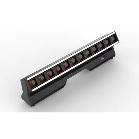 The front view has a user interface LED screen with control buttons for menu navigation in the base along with both DMX and Err lights.