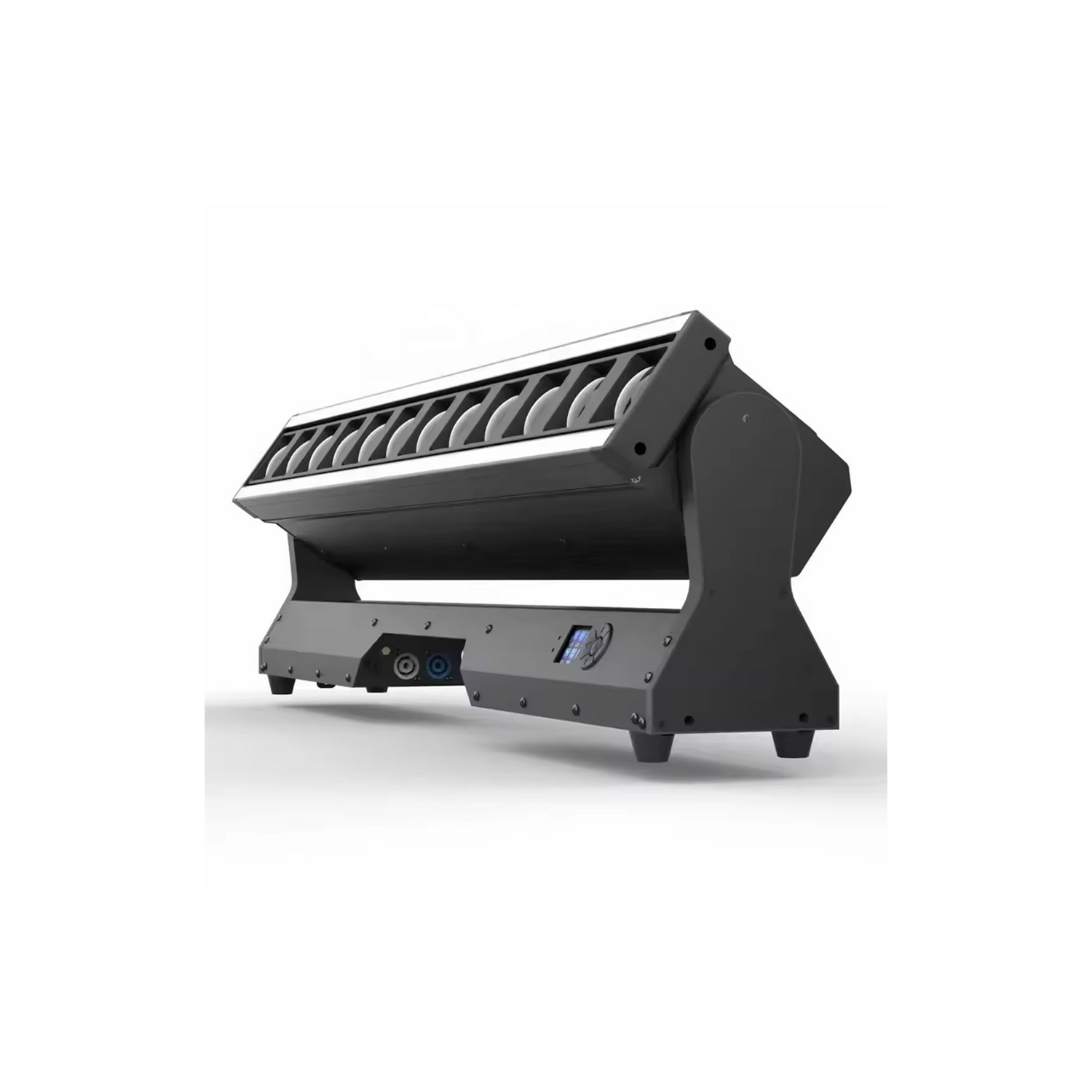 Underside features connection ports such as power input/output, DMX in/out ports for control, on/off switch, and cooling fans or vents for heat dissipation.