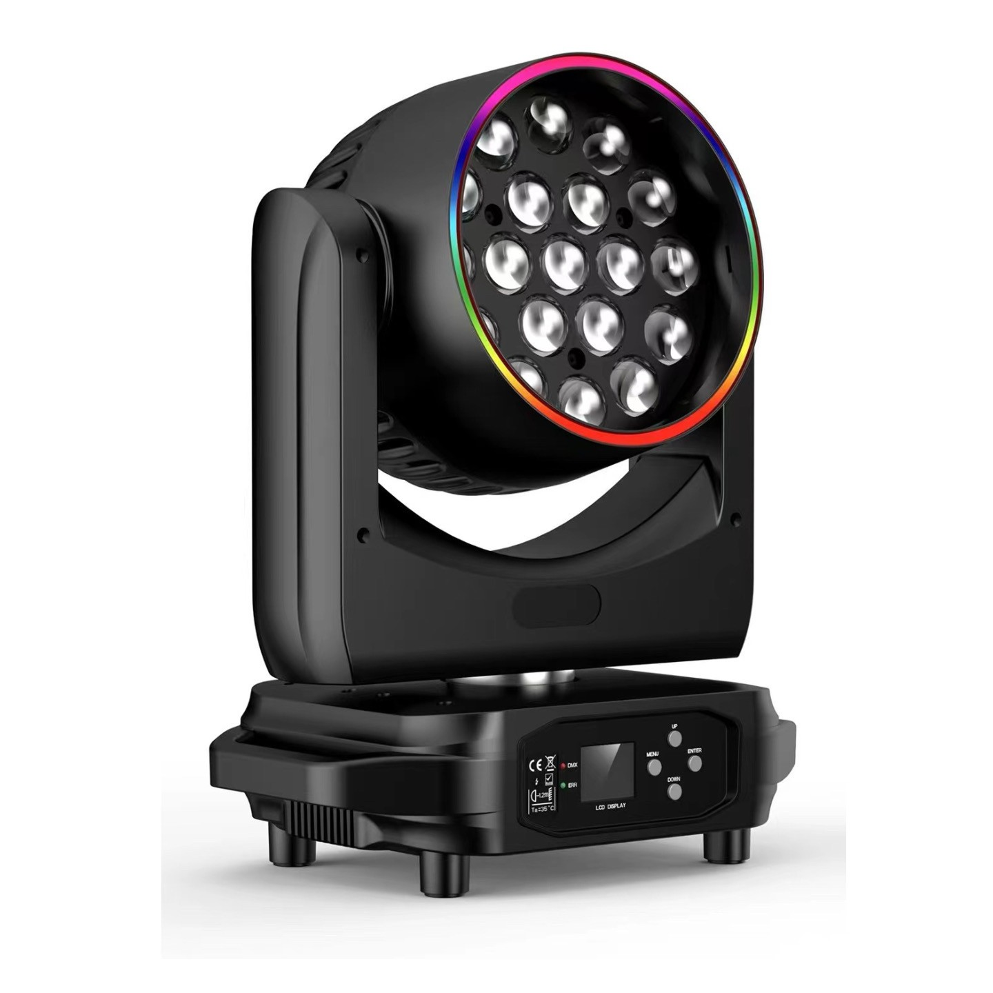 Features 19 high-intensity RGBW LEDs and an integrated LED ring for vibrant color mixing and dynamic eye-candy effects in a compact, durable fixture. The front view has a user interface LED screen with control buttons for menu navigation in the base along with both DMX and Err lights.