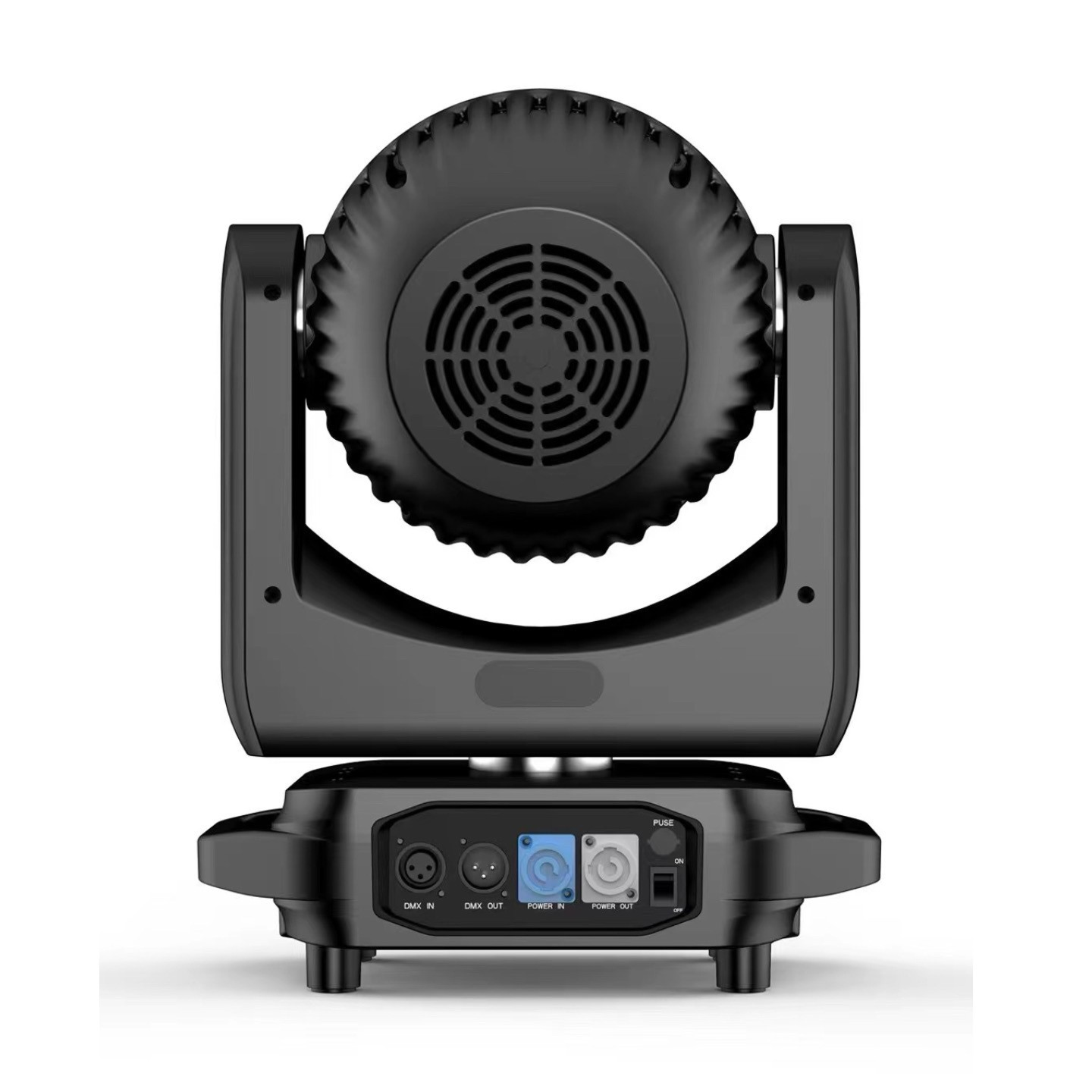 The rear view features connection ports such as power input/output, DMX in/out ports for control, cooling fans or vents for heat dissipation, and a mounting bracket or yoke for installation and positioning.