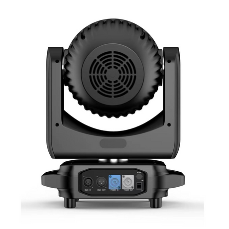 The rear view features connection ports such as power input/output, DMX in/out ports for control, cooling fans or vents for heat dissipation, and a mounting bracket or yoke for installation and positioning.