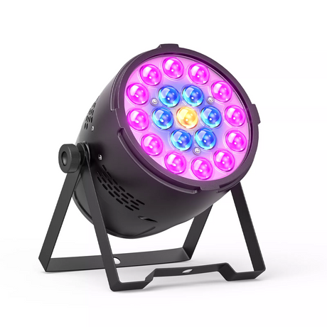 The front features 19 RGB LEDs round formation with motorized zoom, 1β50Hz strobe, and smooth color mixing in a compact, durable housing for dynamic lighting in tight spaces. Rear view shows DMX input/output ports, power connectors, control panel with LCD display and buttons, all enclosed in a compact, rugged aluminum housing.