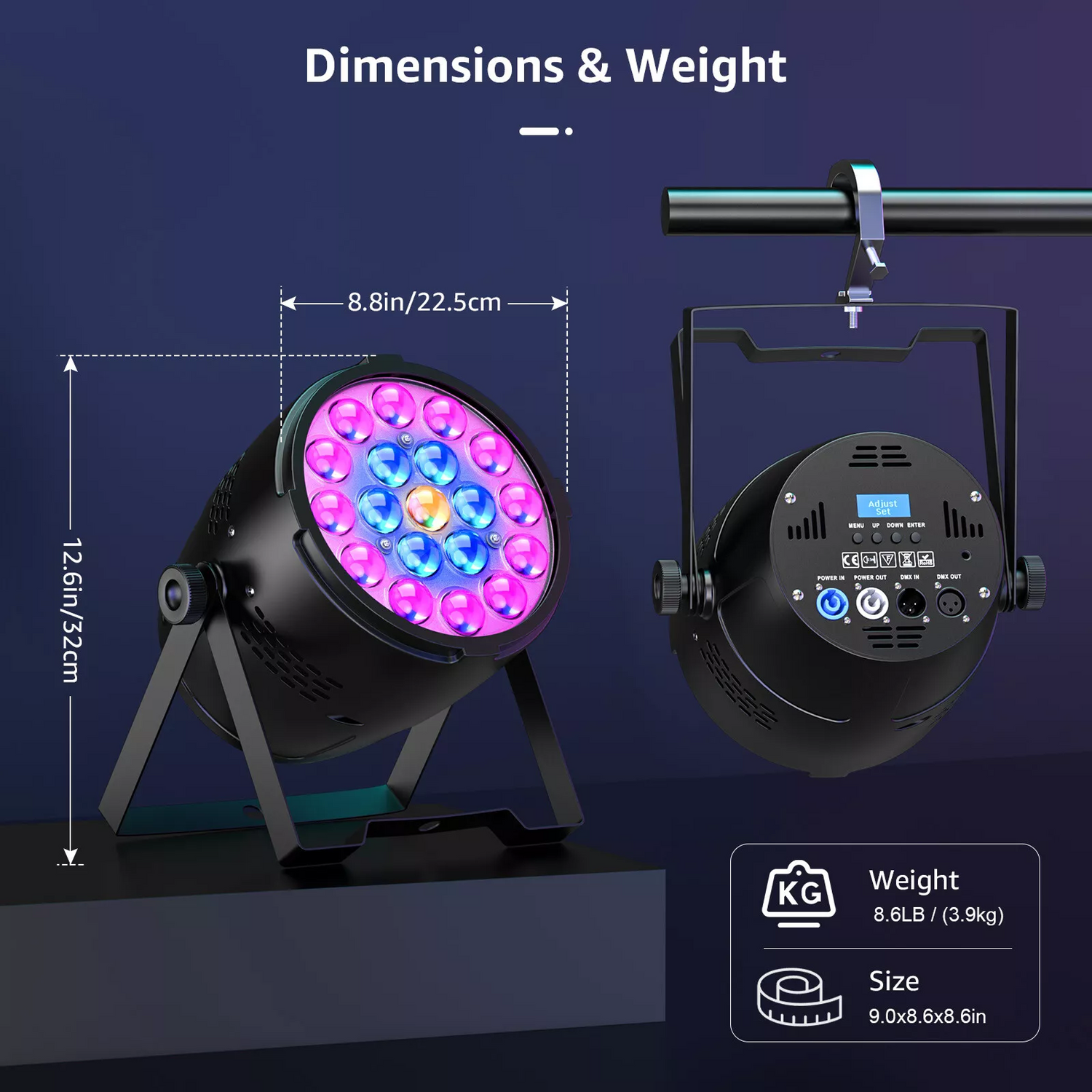 Dimensions 22.5CM (8.8in) x 32CM (12.6in.) Rear view shows DMX input/output ports, power connectors, control panel with LCD display and buttons, all enclosed in a compact, rugged aluminum housing.