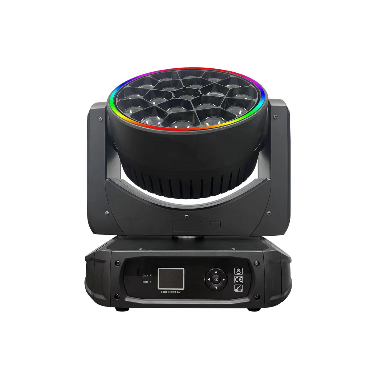 The front view has a user interface LED screen with control buttons for menu navigation in the base along with both DMX and Err lights.