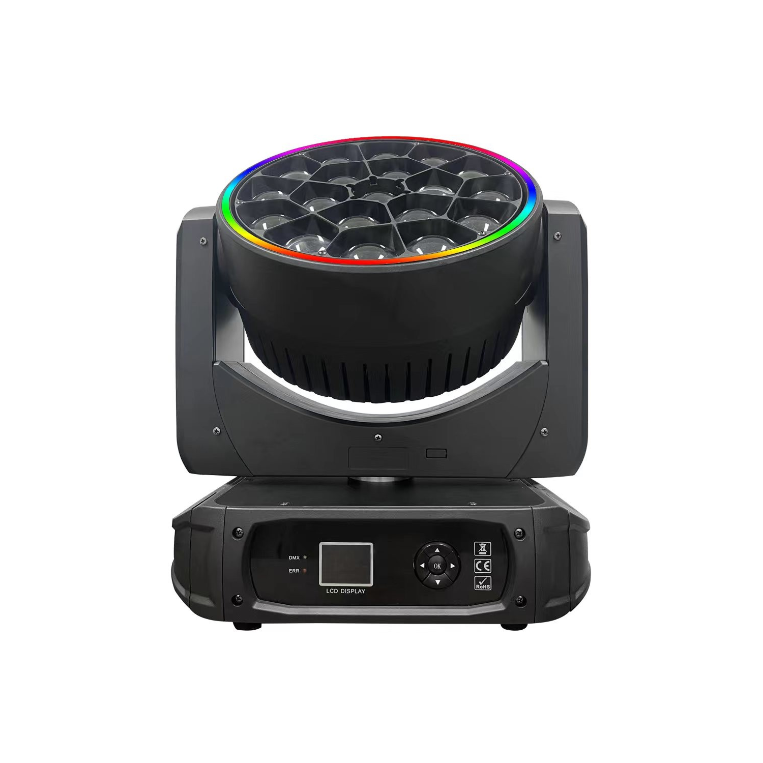 The front view has a user interface LED screen with control buttons for menu navigation in the base along with both DMX and Err lights.