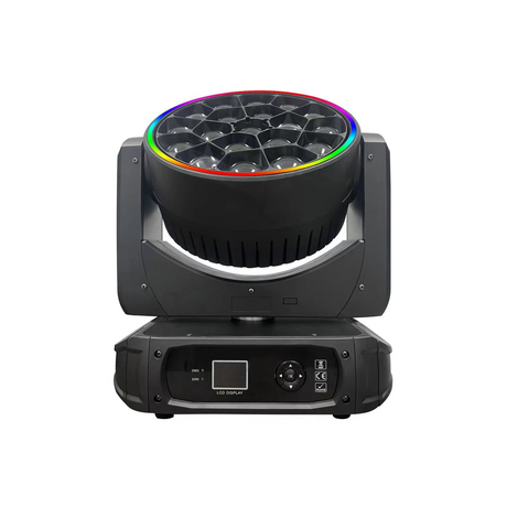 The front view has a user interface LED screen with control buttons for menu navigation in the base along with both DMX and Err lights.