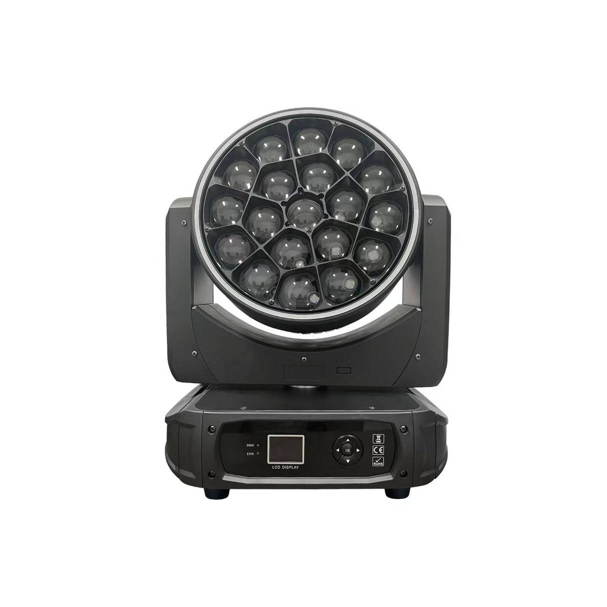 The front view has a user interface LED screen with control buttons for menu navigation in the base along with both DMX and Err lights.