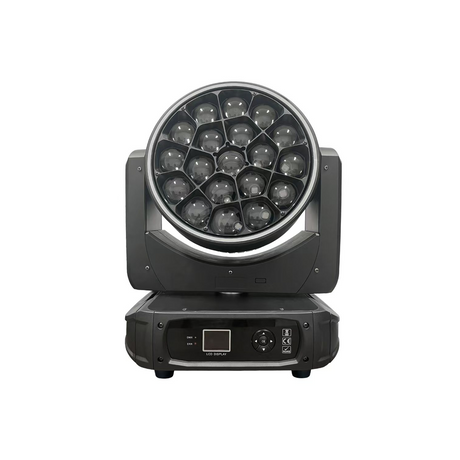 The front view has a user interface LED screen with control buttons for menu navigation in the base along with both DMX and Err lights.