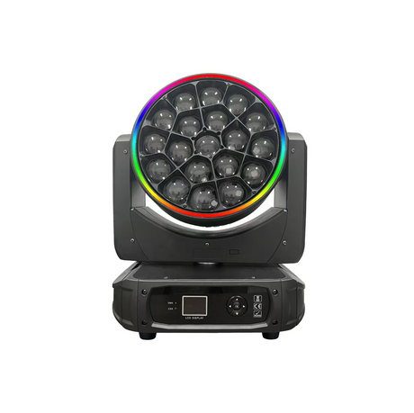 The front view has a user interface LED screen with control buttons for menu navigation in the base along with both DMX and Err lights.