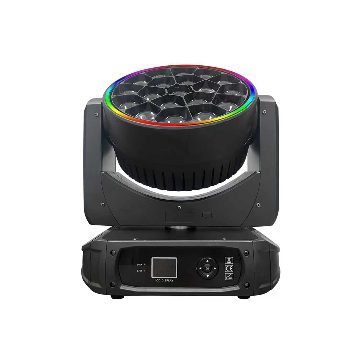 The front view has a user interface LED screen with control buttons for menu navigation in the base along with both DMX and Err lights.