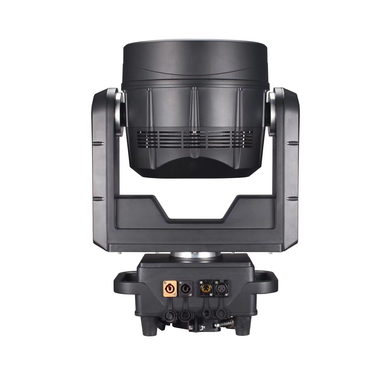 The rear has robust housing, multiple DMX and power connections, cooling system, and mounting hardware designed for professional rigging and control integration.