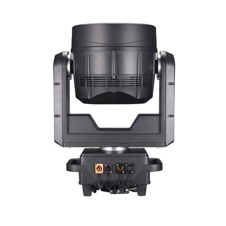 The rear has robust housing, multiple DMX and power connections, cooling system, and mounting hardware designed for professional rigging and control integration.