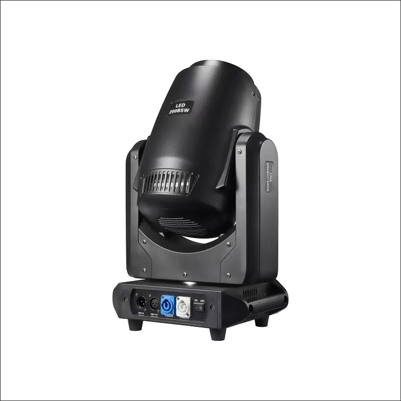 The rear view features connection ports including power input, DMX in/out, and control interfaces, housed in a durable, ventilated casing designed for effective heat dissipation and secure mounting.