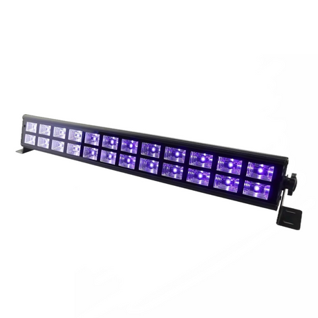 Angle view shows a compact blacklight fixture with 24 high-intensity UV LEDs (395β405nm), durable aluminum body, silent cooling, and multiple DMX control modes for dynamic fluorescent effects.