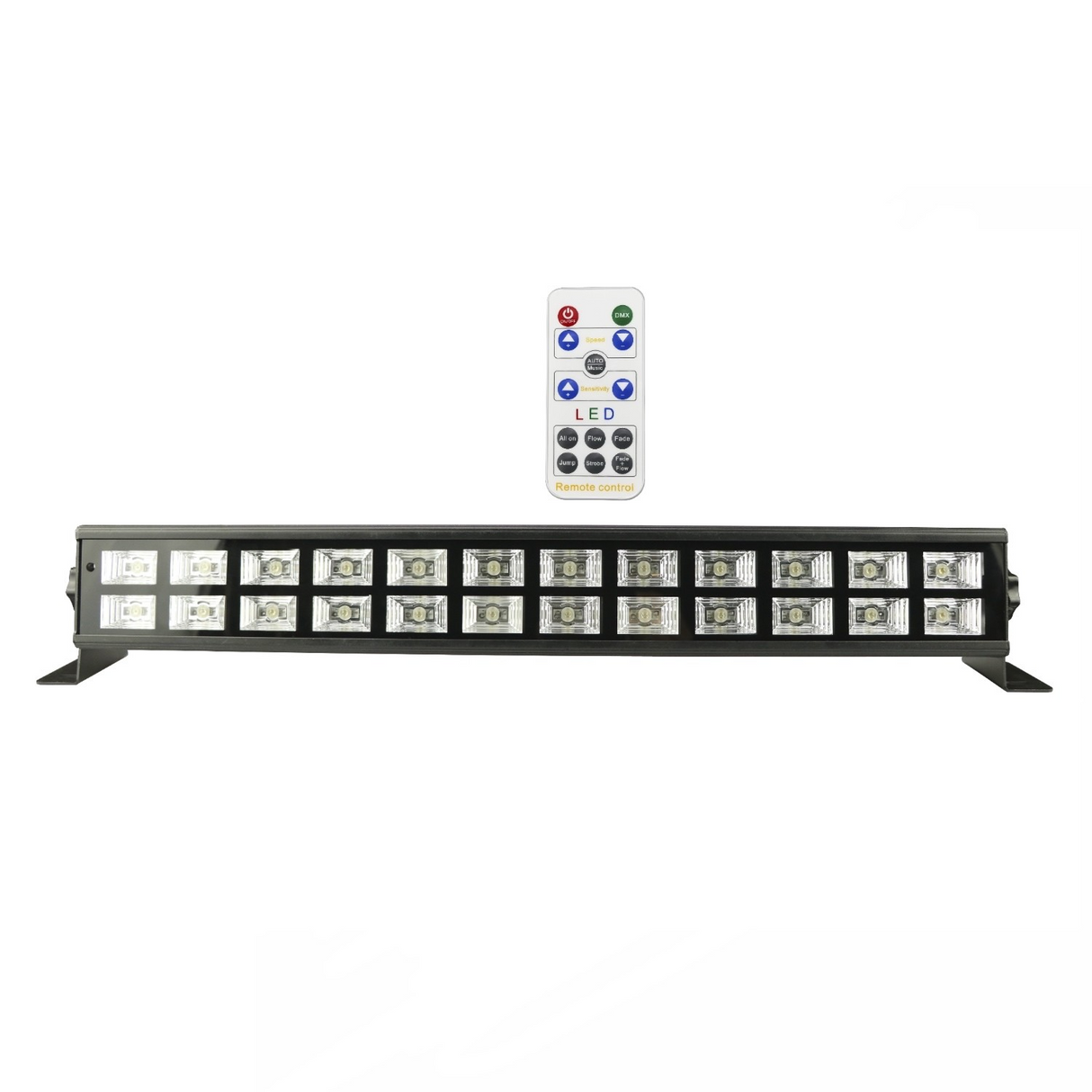 The front view shows the fixture with 24 high-intensity UV LEDs (395–405nm), durable aluminum body, silent cooling, and multiple DMX control modes for dynamic fluorescent effects, and remote control.