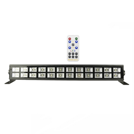 The front view shows the fixture with 24 high-intensity UV LEDs (395β405nm), durable aluminum body, silent cooling, and multiple DMX control modes for dynamic fluorescent effects, and remote control.