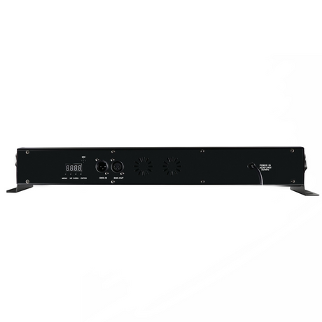 Rear view shows the DMX input/output ports, power connector, control panel with buttons and display, cooling fan vent, and sturdy aluminum housing.