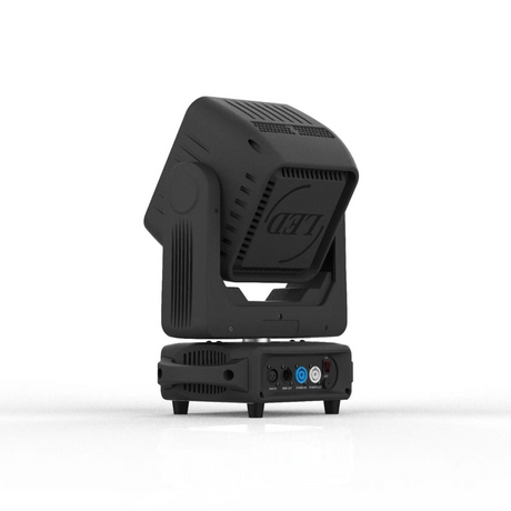 The rear includes DMX In/Out ports (3-pin XLR), power In/Out connectors, an LED display with menu navigation buttons for fixture settings, and ventilation for coolingβall housed in a rugged chassis designed for touring and stage use.