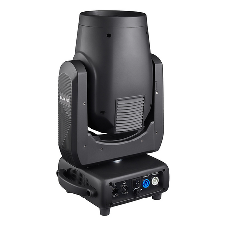 The rear view features connection ports such as power input/output, DMX in/out ports for control, on/off switch, and cooling fans or vents for heat dissipation.