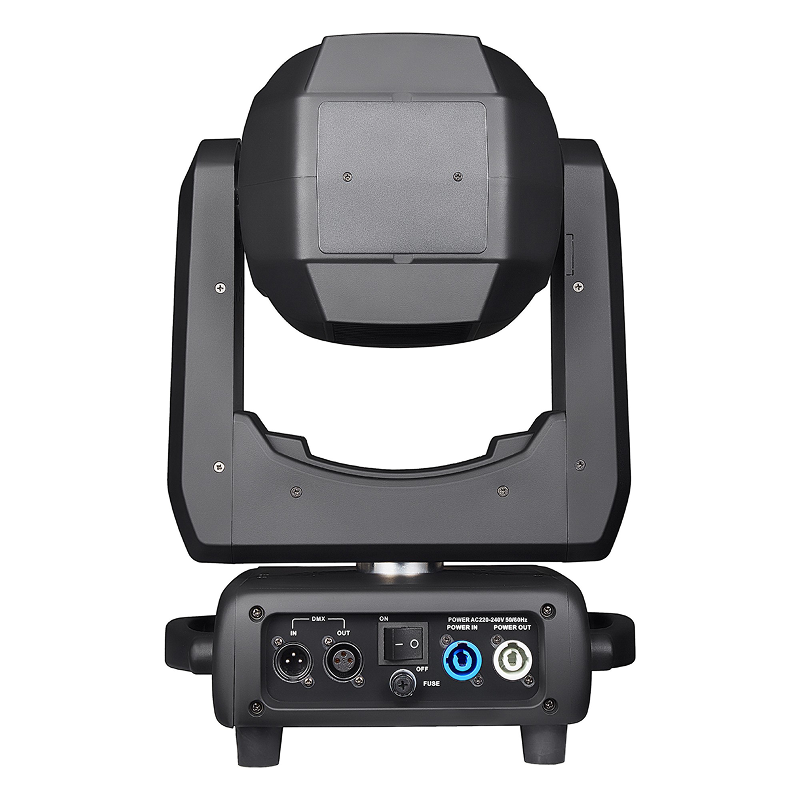 The rear view features connection ports such as power input/output, DMX in/out ports for control, on/off switch, and cooling fans or vents for heat dissipation.