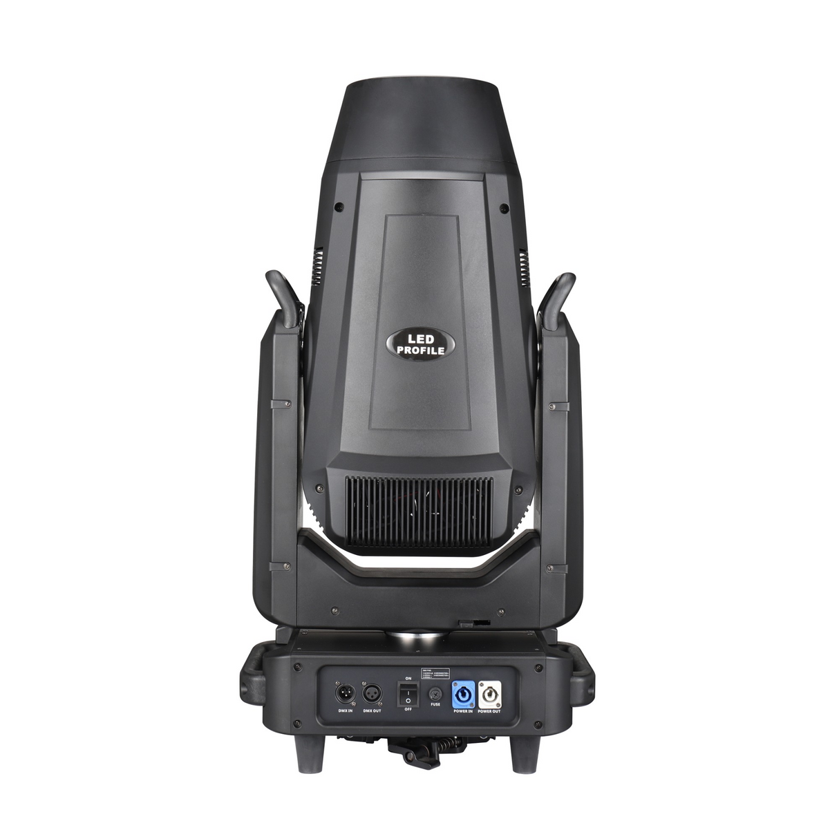 Rear view shows DMX and power input/output ports, ventilation grilles, and a digital control panel with navigation buttons, all built into a compact, professional-grade housing.