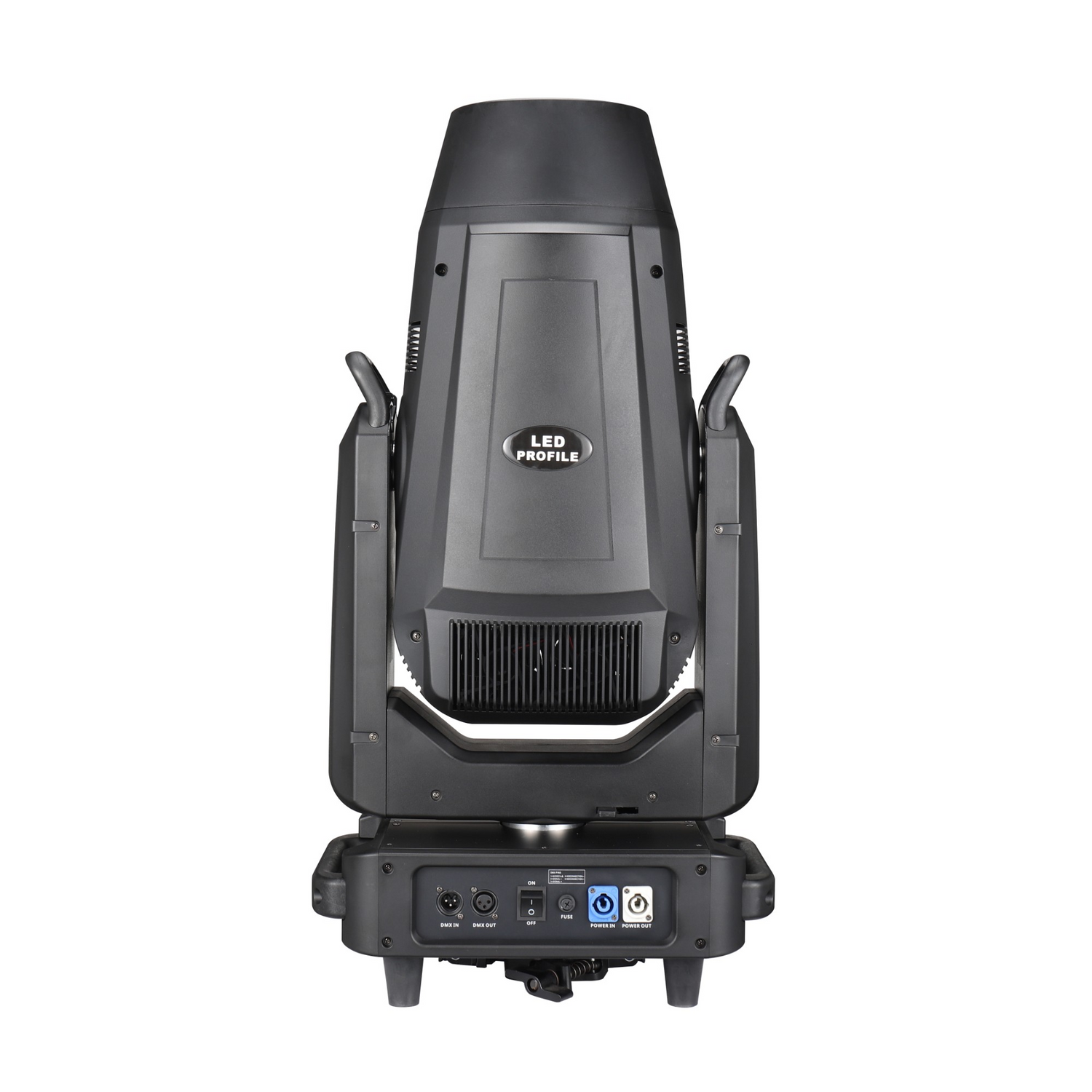 Rear view shows DMX and power input/output ports, ventilation grilles, and a digital control panel with navigation buttons, all built into a compact, professional-grade housing.