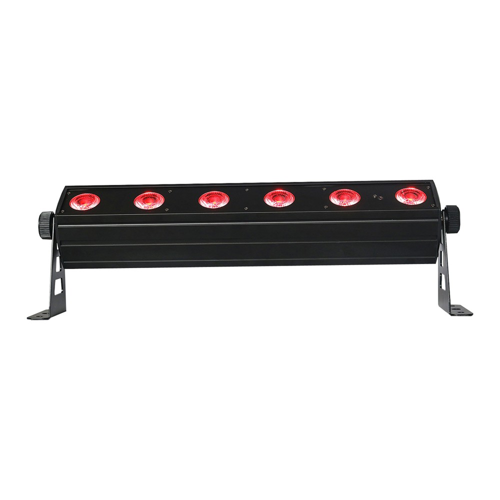 Front view of the 618 Wireless Battery-Powered Bars feature 6 high-brightness RGBWA+UV LEDs with 25° beam angle, 2.4GHz wireless DMX, versatile control modes, and rechargeable battery lasting up to 20 hours in gradient mode.