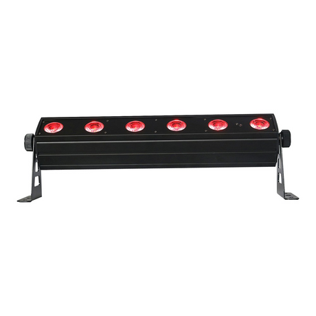 Front view of the 618 Wireless Battery-Powered Bars feature 6 high-brightness RGBWA+UV LEDs with 25Β° beam angle, 2.4GHz wireless DMX, versatile control modes, and rechargeable battery lasting up to 20 hours in gradient mode.