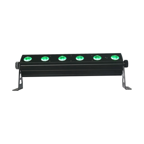 Front view of the 618 Wireless Battery-Powered Bars feature 6 high-brightness RGBWA+UV LEDs with 25Β° beam angle, 2.4GHz wireless DMX, versatile control modes, and rechargeable battery lasting up to 20 hours in gradient mode.