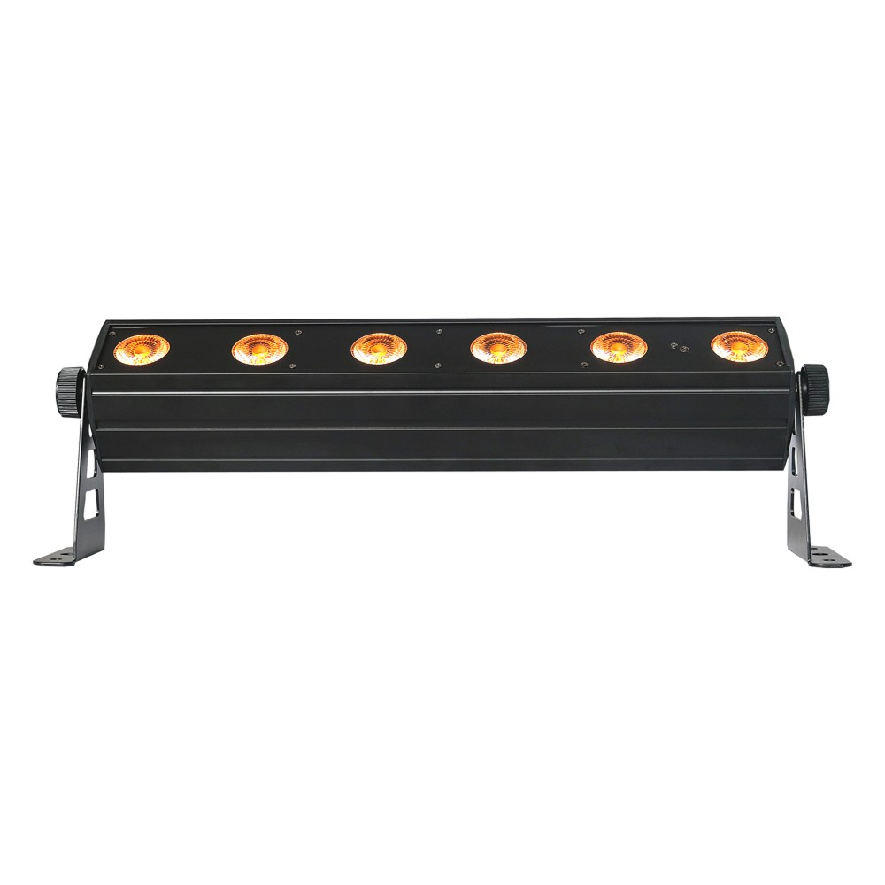 Front view of the 618 Wireless Battery-Powered Bars feature 6 high-brightness RGBWA+UV LEDs with 25° beam angle, 2.4GHz wireless DMX, versatile control modes, and rechargeable battery lasting up to 20 hours in gradient mode.