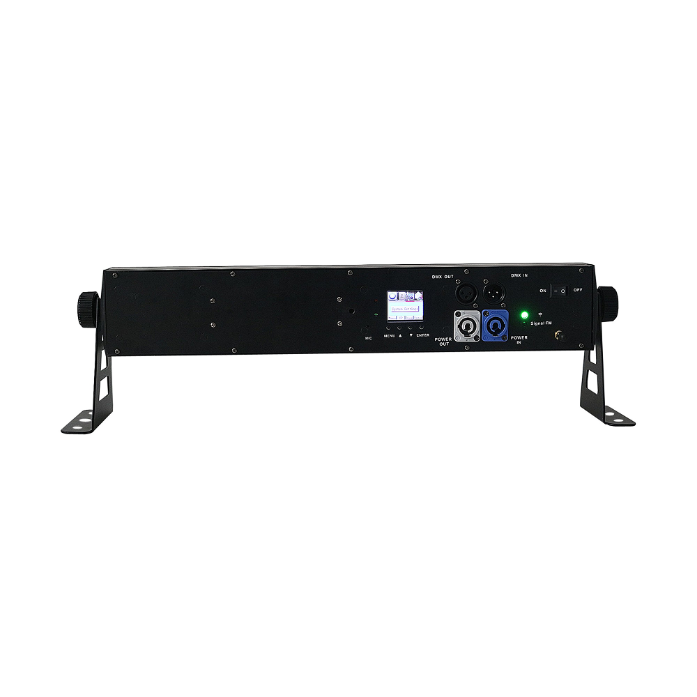 Rear view shows wireless DMX antenna, power input, control panel with display and buttons, ventilation slots, and sturdy housing designed for easy handling and cooling.