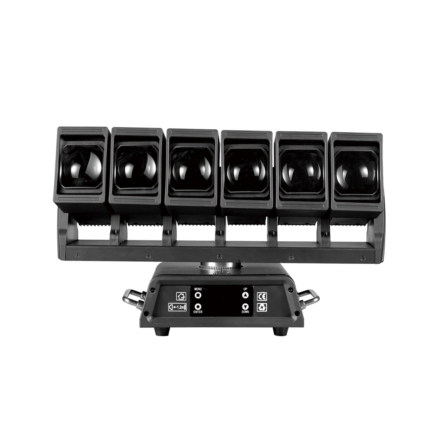 The front view has a user interface LED screen with control buttons for menu navigation in the base along with both DMX and Err lights.