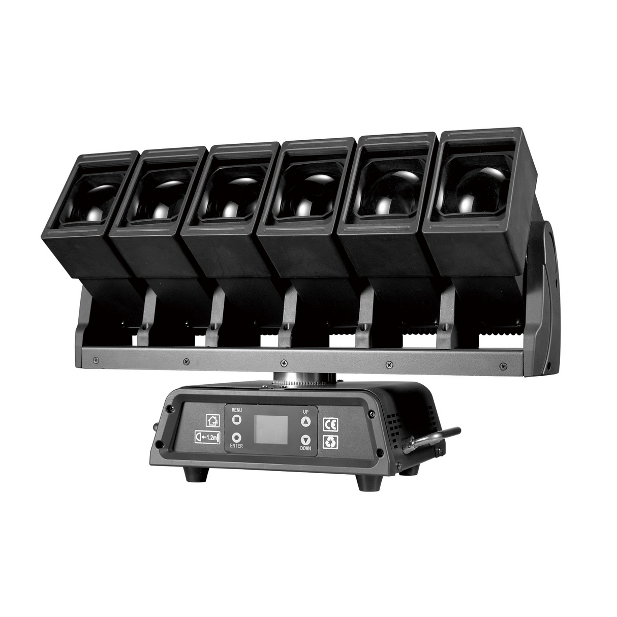 The front view has a user interface LED screen with control buttons for menu navigation in the base along with both DMX and Err lights.