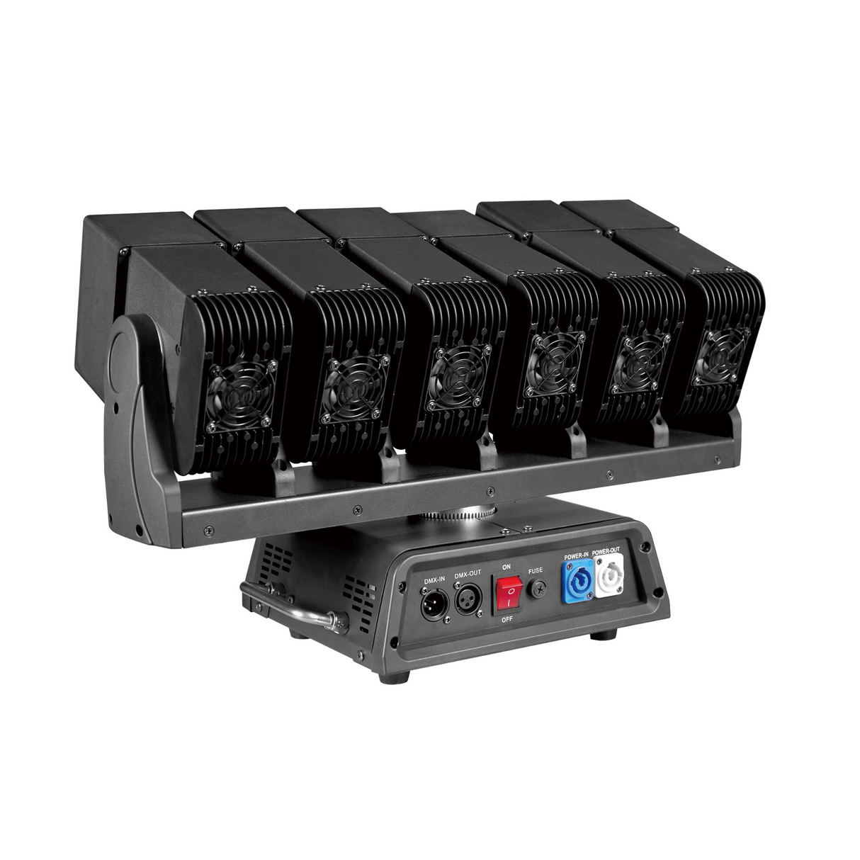 The rear view features connection ports such as power input/output, DMX in/out ports for control, on/off switch, and cooling fans or vents for heat dissipation.