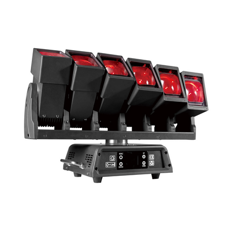 The front view has a user interface LED screen with control buttons for menu navigation in the base along with both DMX and Err lights.