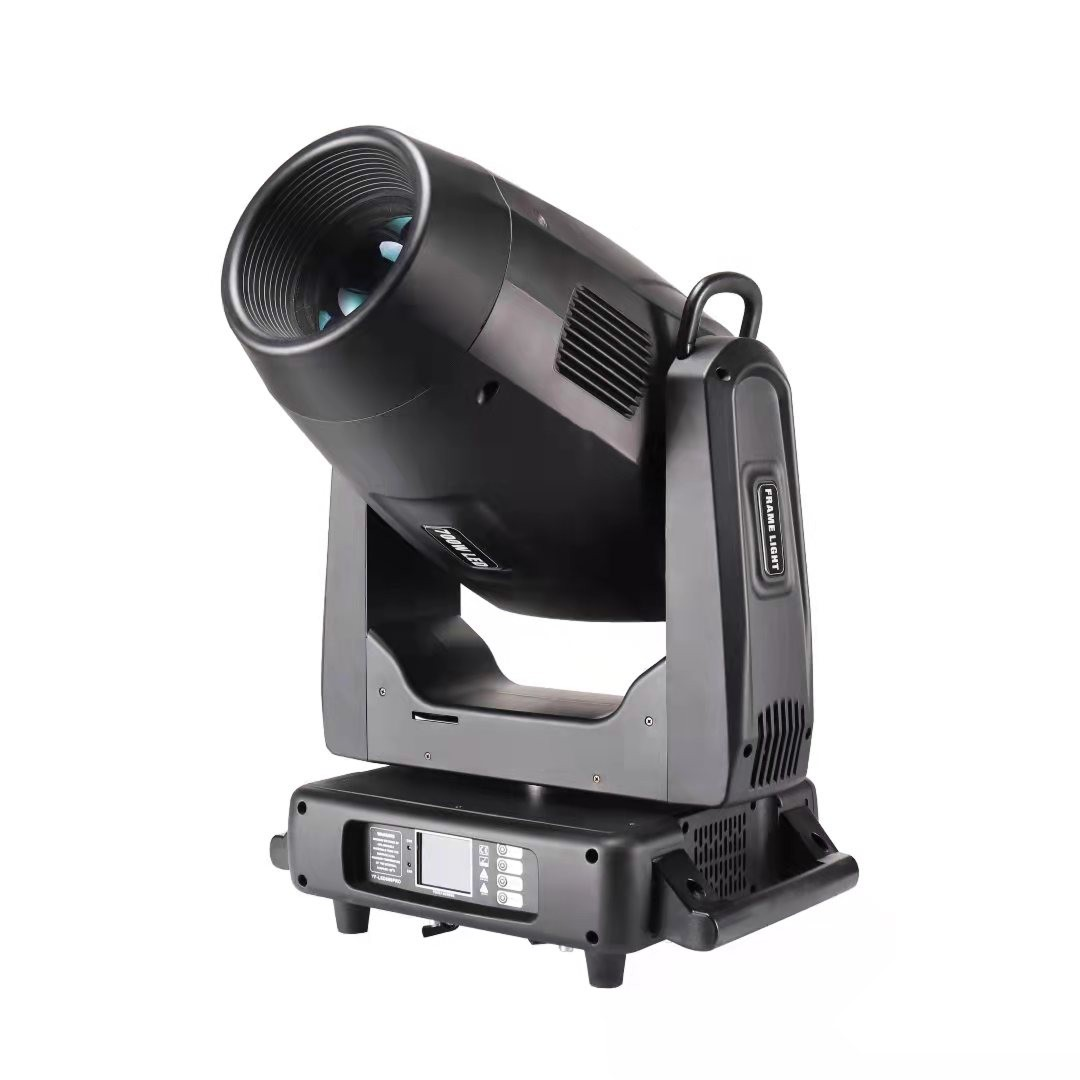 The front view is a high-performance lighting fixture with a 700W LED engine, 138mm lens, CMY color mixing, gobos, dynamic effects, framing shutters, and precise zoom, pan, and tilt controls for powerful, versatile illumination. Controls with an LED screen are in the base of the unit.