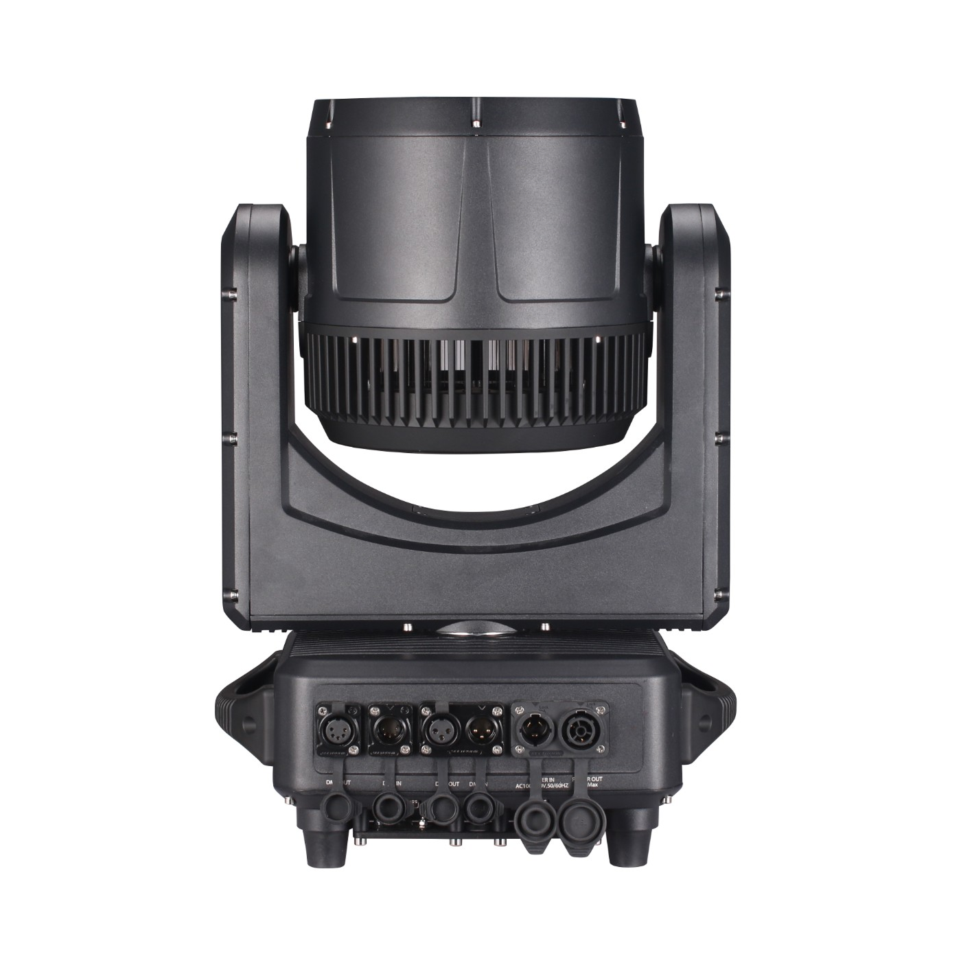 Rear view includes IP65-rated power and DMX input/output connections with protective rubber seals, 3 and 5 pin DMX connectors, a user interface screen with control buttons for menu navigation, and an efficient cooling system designed to maintain performance in outdoor environments.