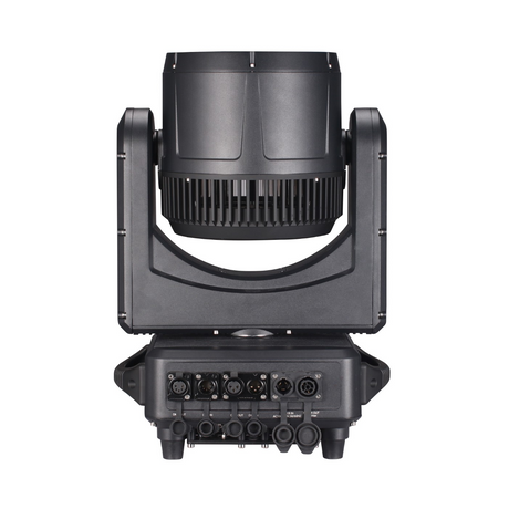 Rear view includes IP65-rated power and DMX input/output connections with protective rubber seals, 3 and 5 pin DMX connectors, a user interface screen with control buttons for menu navigation, and an efficient cooling system designed to maintain performance in outdoor environments.