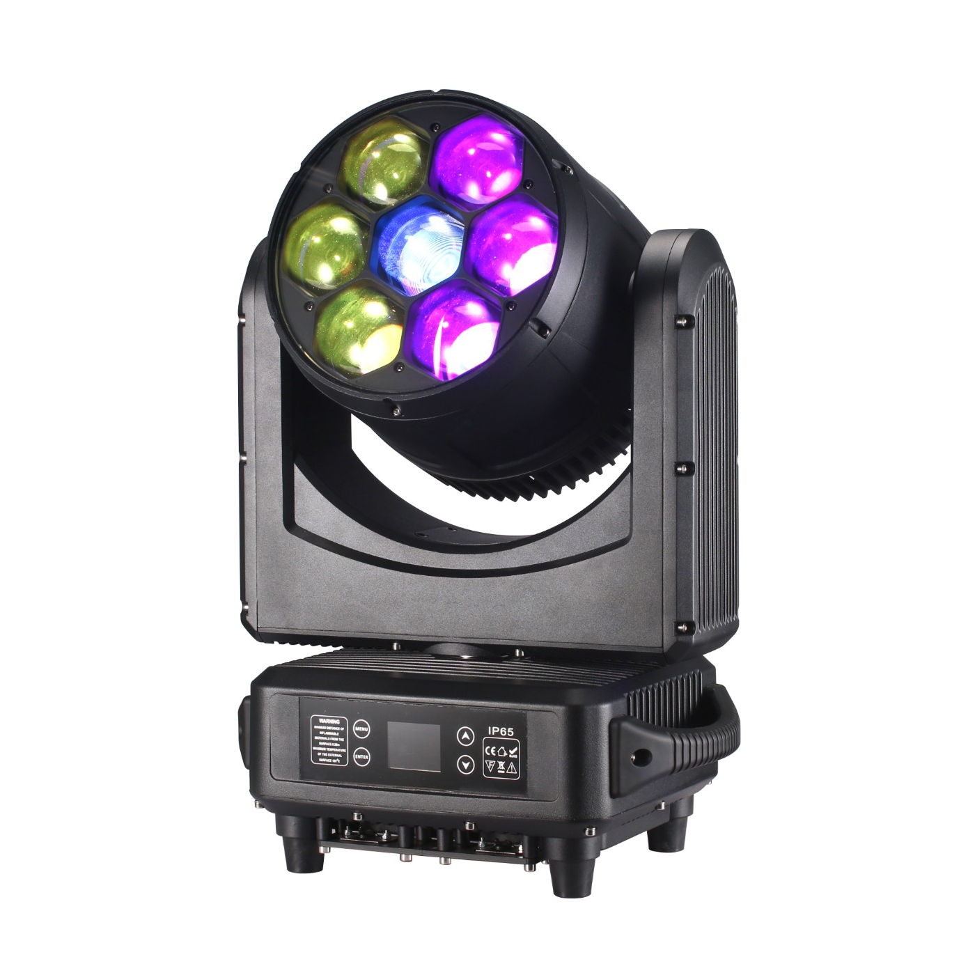 The front view has 7x60W RGBW LEDs, 4°–55° zoom, infinite lens rotation, and IP65-rated housing for powerful, all-weather lighting effects. The front view has a user interface LED screen with control buttons for menu navigation in the base along with both DMX and Err lights.