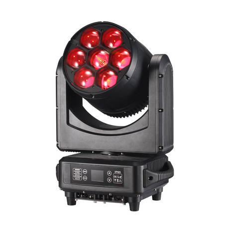 The front view has a user interface LED screen with control buttons for menu navigation in the base along with both DMX and Err lights.