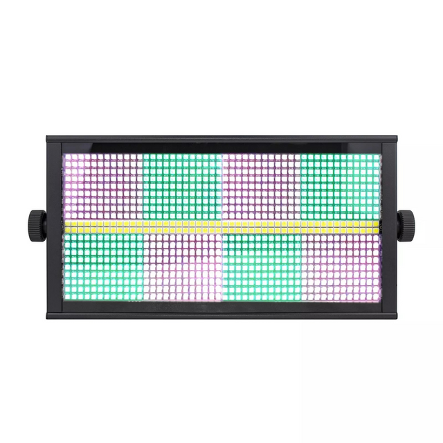 The front view features 864 RGB and 96 white LEDs for pixel mapping and dynamic effects, with 1–30Hz strobe frequency, durable metal housing, and reliable indoor performance.
